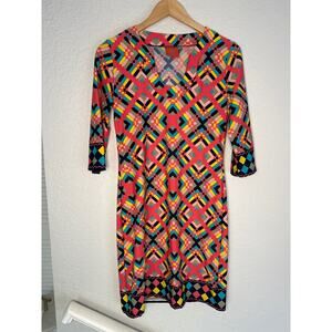 Tracy Negoshian Coral Diamond Geo Stretchy Shift Dress Size XS Preppy Teacher